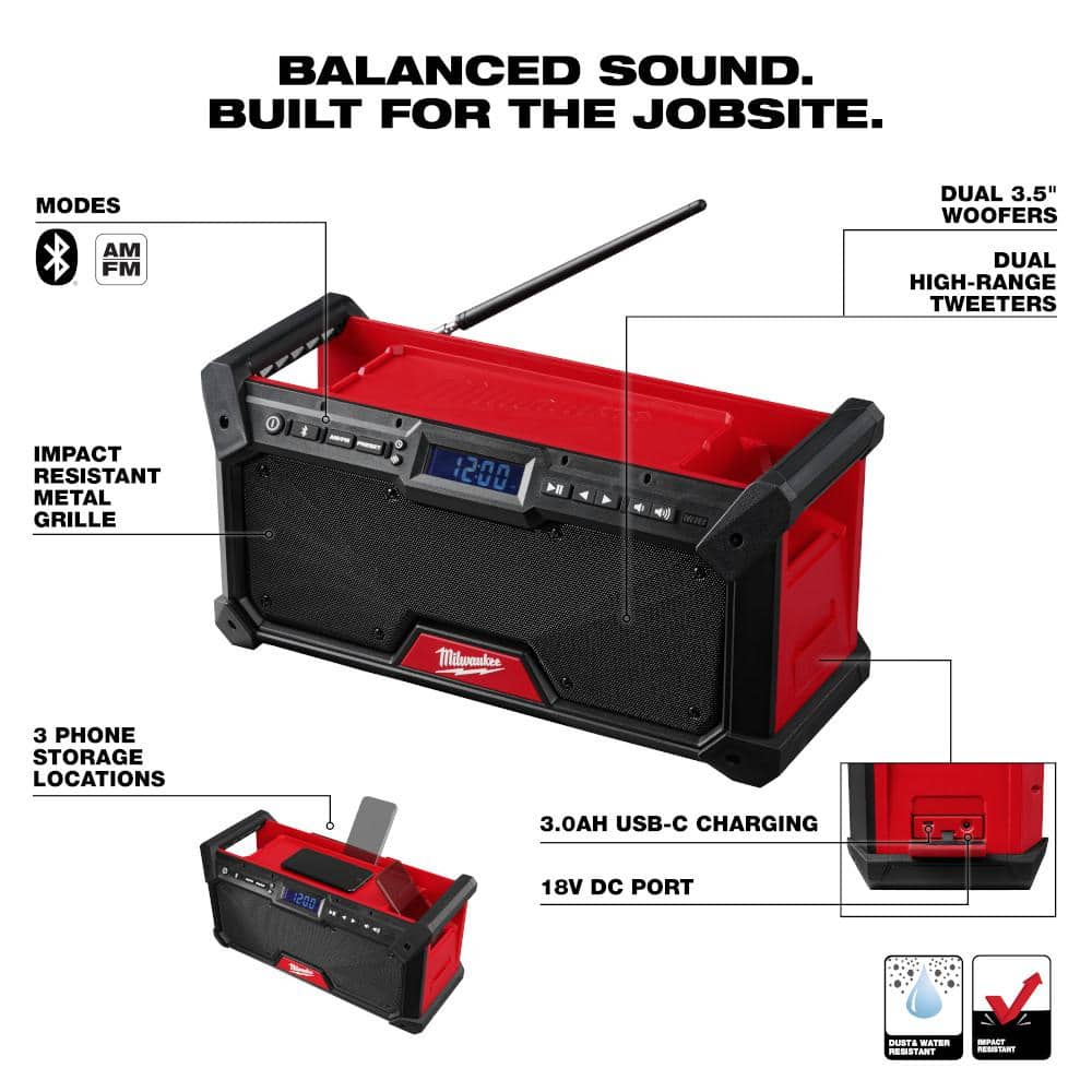 Milwaukee M18 18V Lithium‑Ion Cordless Jobsite Radio with Two 5.0Ah Batteries and Charger (Model 2952-20/48-59-1852B)