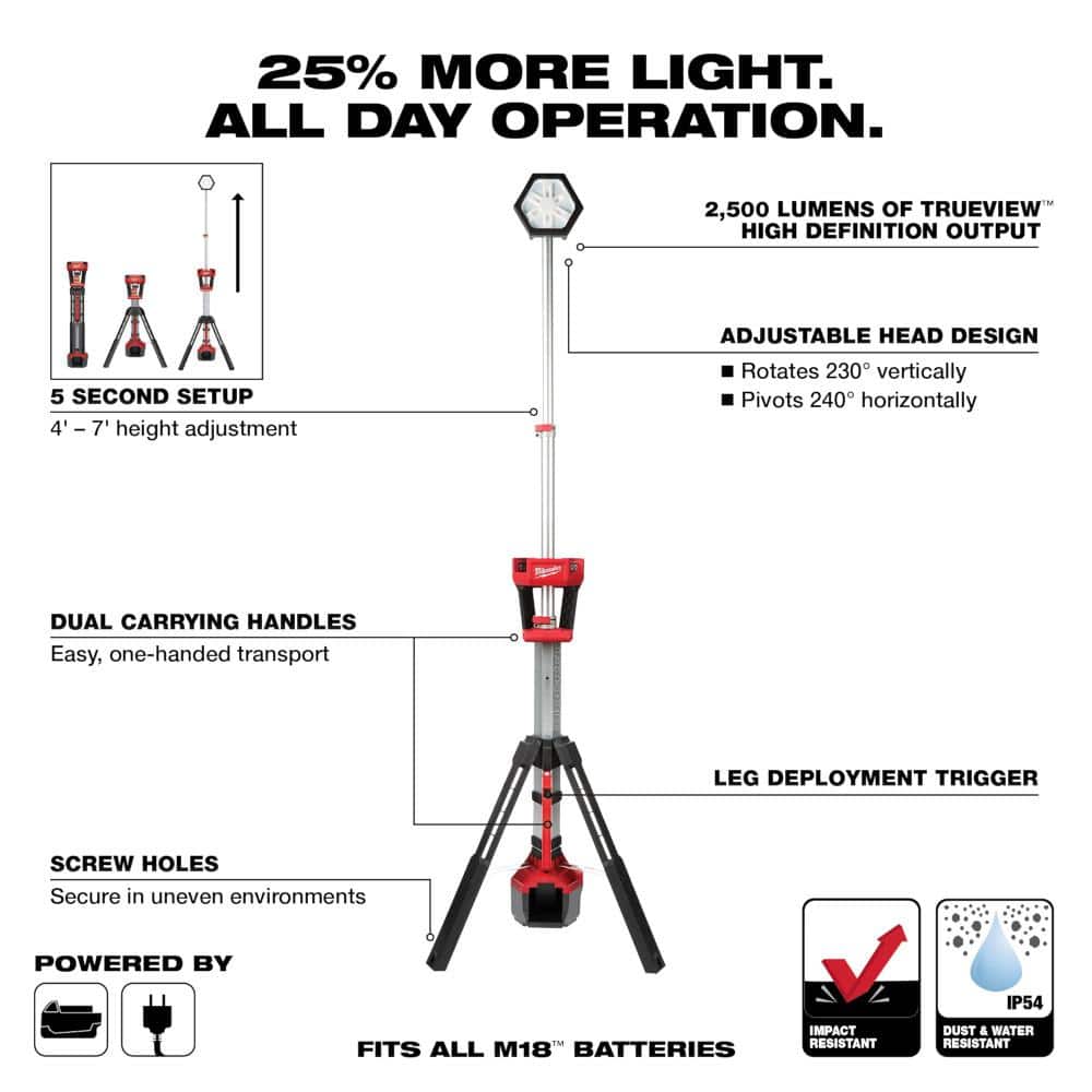 Milwaukee M18 18-Volt Lithium-Ion Cordless Rocket Dual Power Tower Light with M18 LED Flood Light