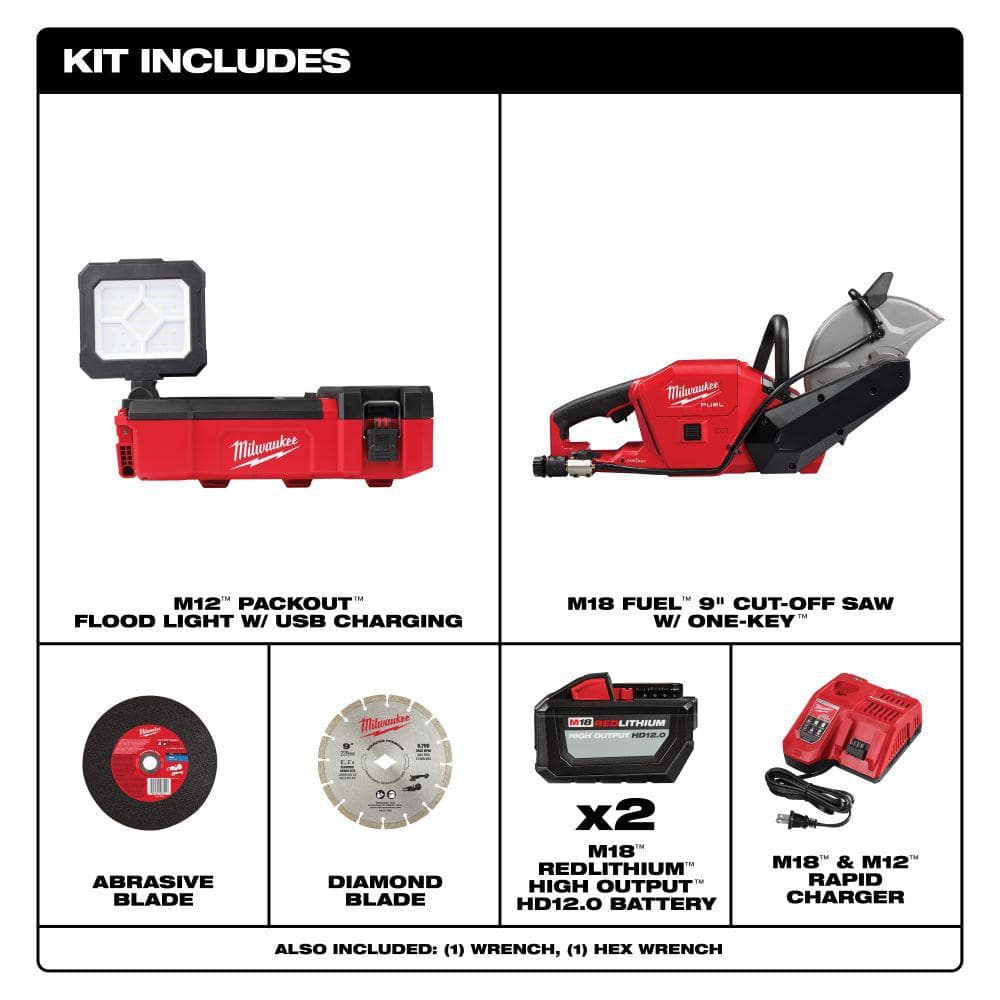 Milwaukee M12 12V Cordless PACKOUT Flood Light + M18 9 in. Cut-Off Saw Kit with (2) 12.0Ah Batteries & Charger