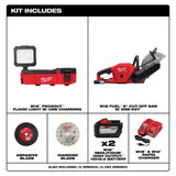 Milwaukee M12 12V Cordless PACKOUT Flood Light + M18 9 in. Cut-Off Saw Kit with (2) 12.0Ah Batteries & Charger