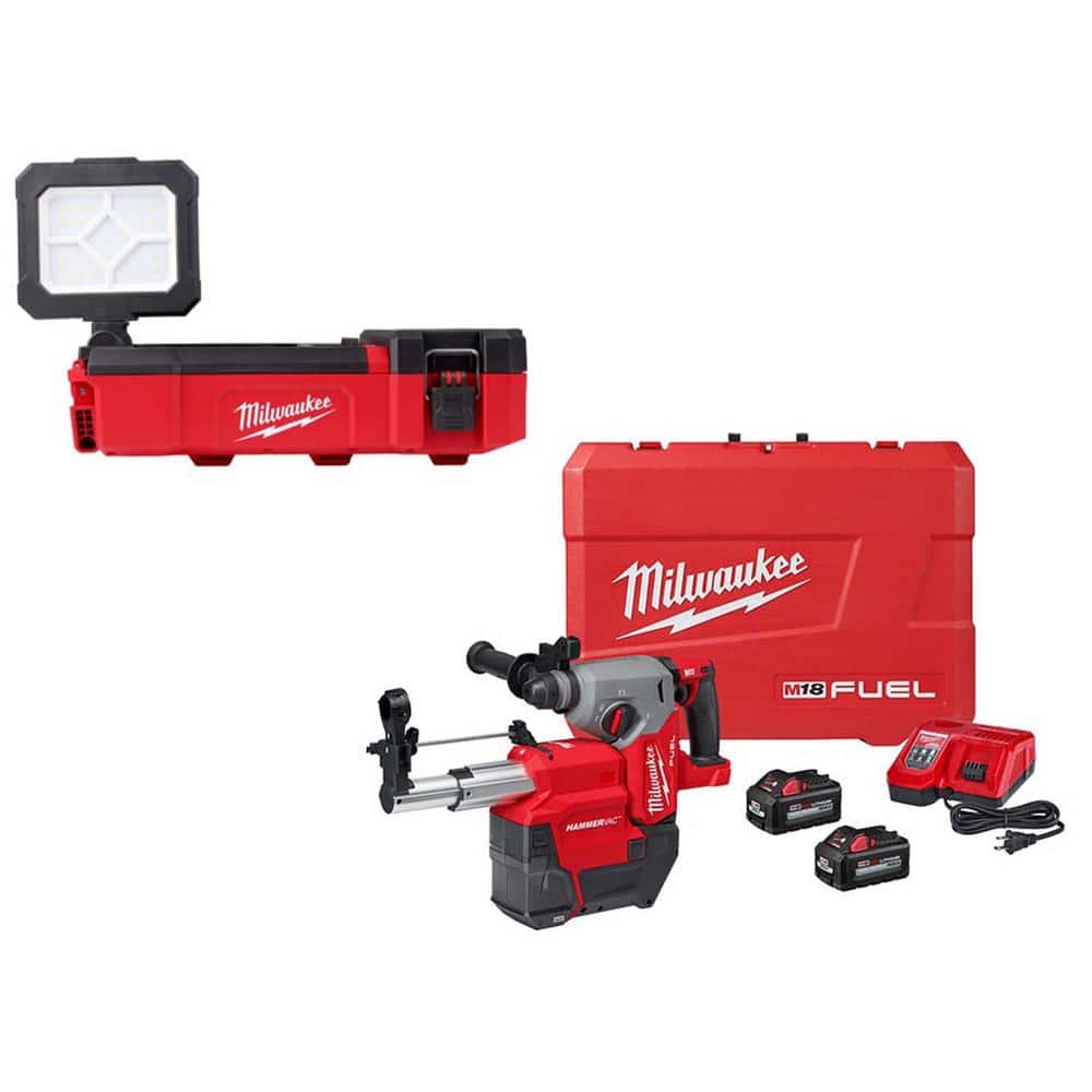 Milwaukee M12 12V Lithium-Ion Cordless PACKOUT Flood Light and M18 FUEL 1 in. SDS-Plus Rotary Hammer/Dust Extractor Kit
