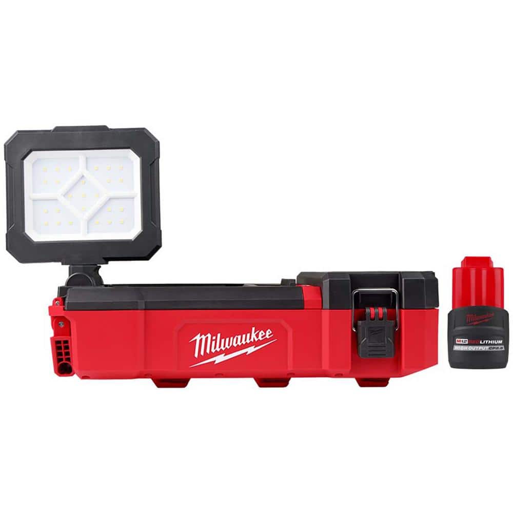Milwaukee M12 12V Lithium-Ion Cordless PACKOUT Flood Light w/ USB Charging + High Output CP2.5 Battery