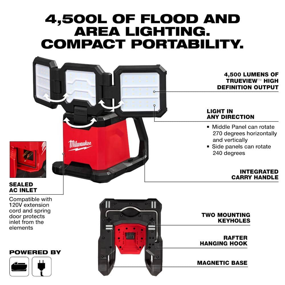 Milwaukee M18 18-Volt Lithium-Ion Cordless 4,500-Lumen ROVER Dual Power Triple-Panel Flood & Area Light, Tool-Only (Model 2368-20)