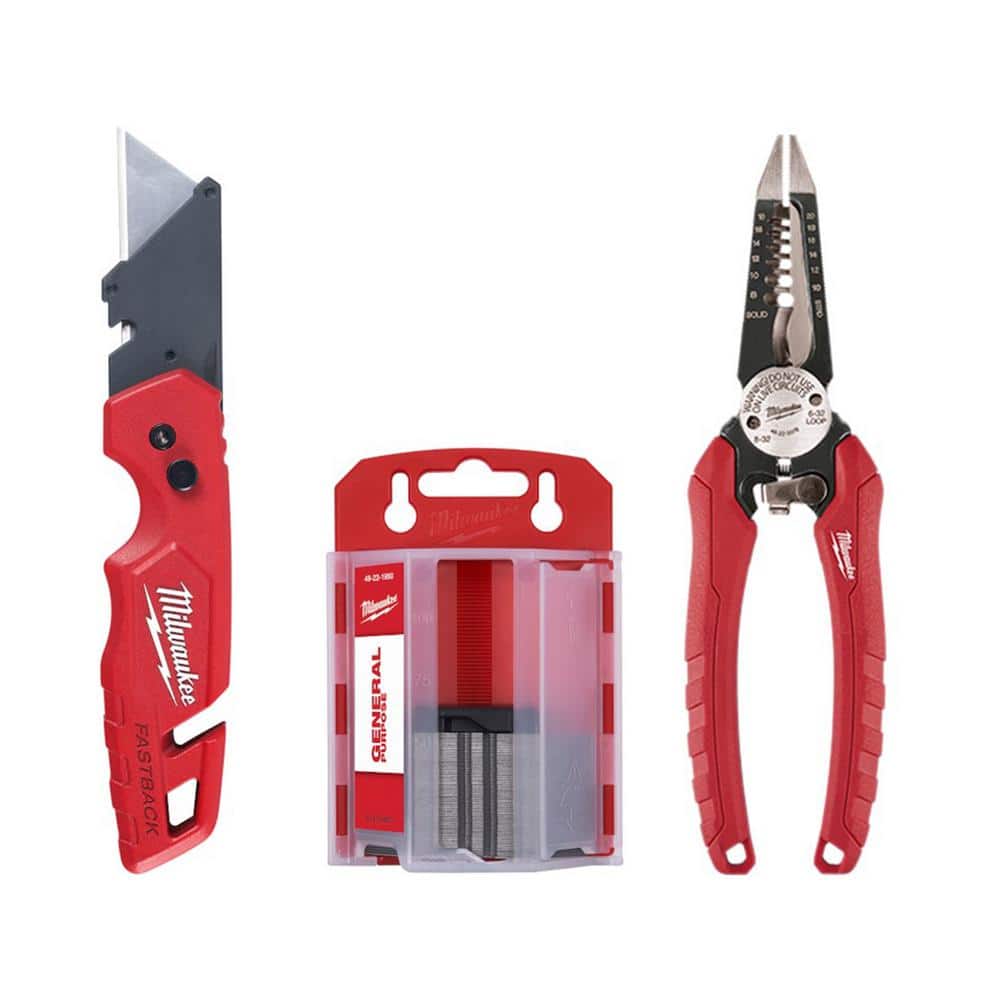 Milwaukee FASTBACK Folding Utility Knife with Blade Storage + 50-Pack Utility Blades & 6-in-1 Wire Pliers (Model 48-22-1504/48-22-3079)