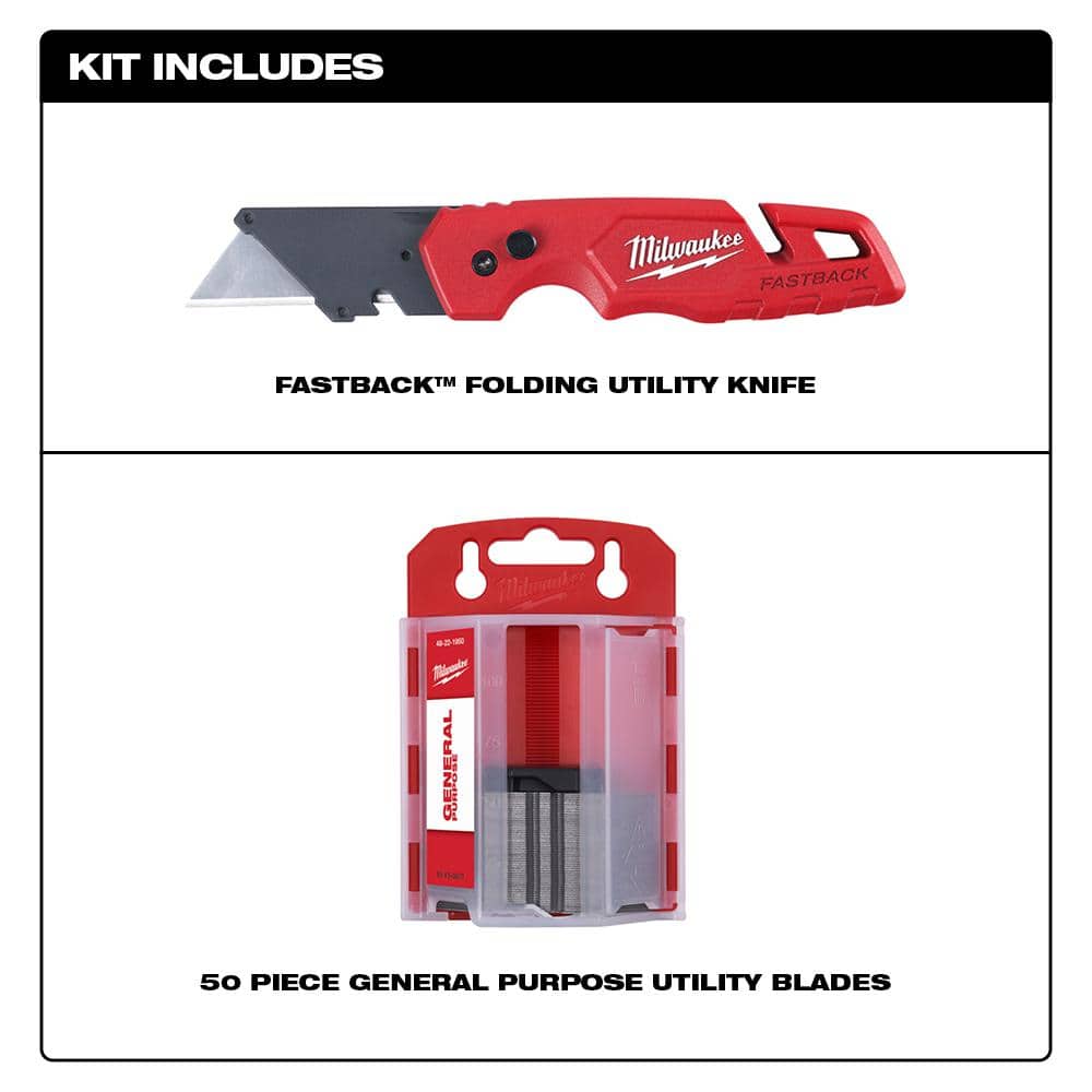 Milwaukee FASTBACK Folding Utility Knife with Blade Storage + 50-Pack Utility Blades & 6-in-1 Wire Pliers (Model 48-22-1504/48-22-3079)