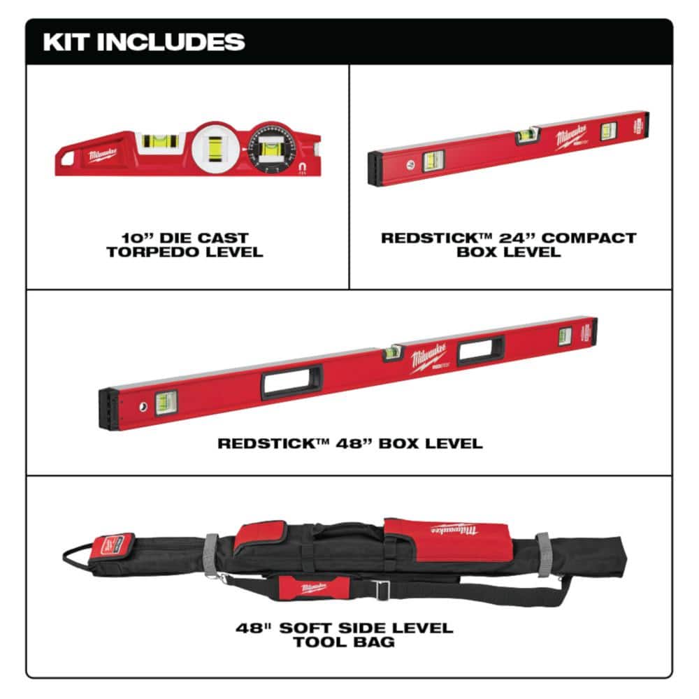 Milwaukee 10 in./24 in./48 in. REDSTICK Box and Torpedo Level Set