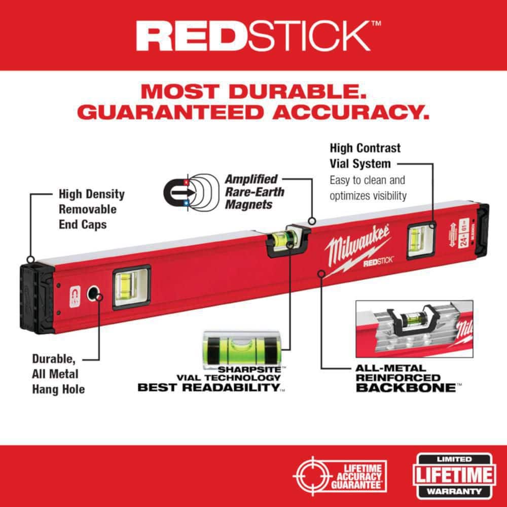 Milwaukee 72 in. REDSTICK Box Level with 10 in. 360° Locking Die-Cast Torpedo Level, Magnetic (2-Piece)