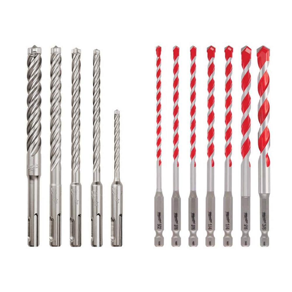 Milwaukee SHOCKWAVE Carbide Hammer Drill Bit Kit + 2-Cutter SDS-PLUS Carbide Hammer Drill Bit Set (12‑Piece)