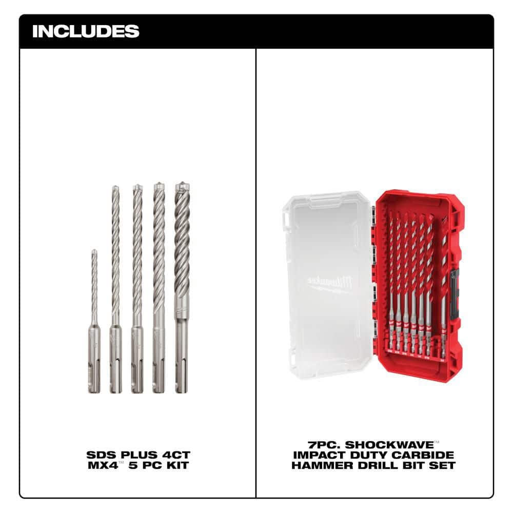 Milwaukee SHOCKWAVE Carbide Hammer Drill Bit Kit + 2-Cutter SDS-PLUS Carbide Hammer Drill Bit Set (12‑Piece)