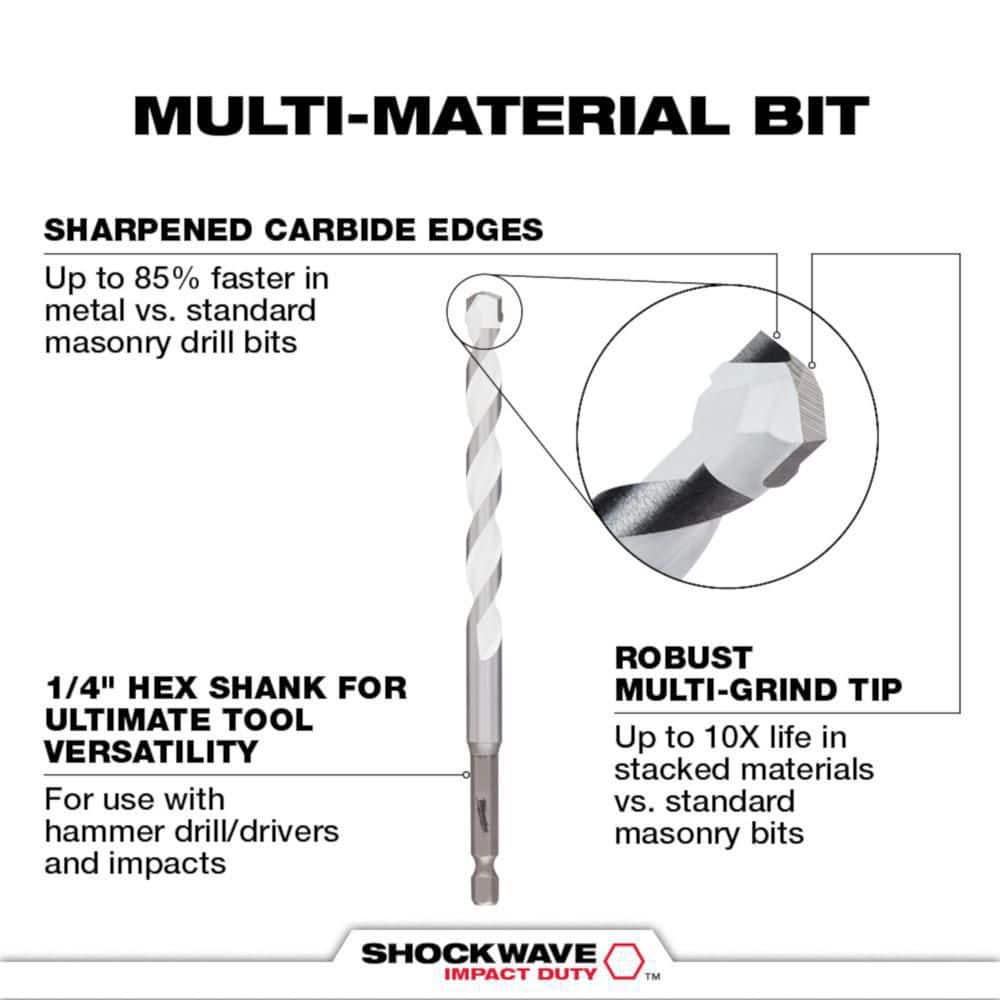 Milwaukee SHOCKWAVE Carbide Multi‑Material Drill Bit Set with SHOCKWAVE Carbide Hammer Drill Bit Kit (14‑Piece)