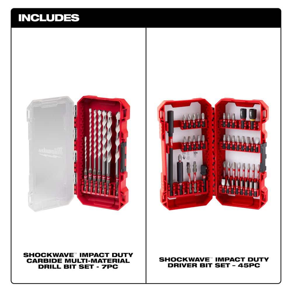 Milwaukee SHOCKWAVE Carbide Multi‑Material Drill Bit & Impact Duty Driver Bit Set, 52-Piece (Model 48-20-8899/48-32-4023)