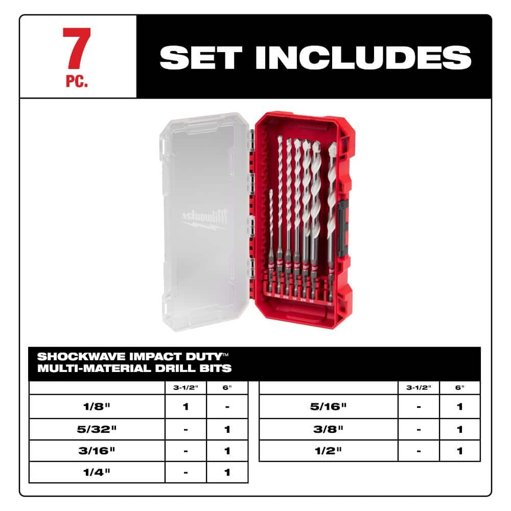 Milwaukee SHOCKWAVE Carbide Multi‑Material Drill Percussion Bit Set (7‑Piece) – 1/4" Hex Shank