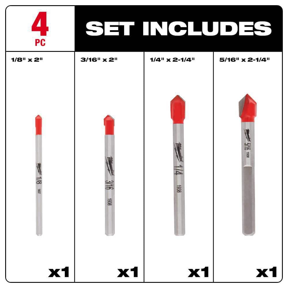 Milwaukee Carbide Glass and Tile Drill Bit Set, 4-Piece (1/8 in., 3/16 in., 1/4 in., 5/16 in.)