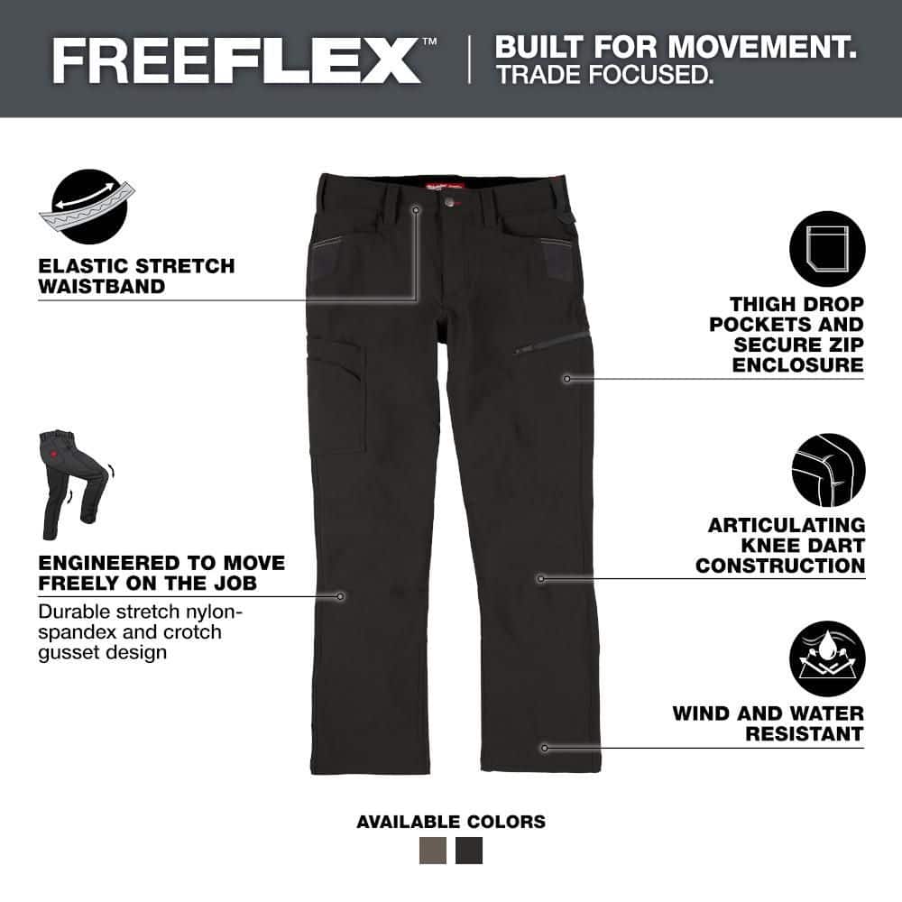 Milwaukee Men's Black FREEFLEX Tech Work Pants with 7 Pockets, 38x32