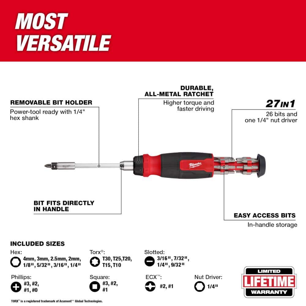 Milwaukee 27-in-1 Ratcheting Multi-Bit Screwdriver, 10.12 in Length