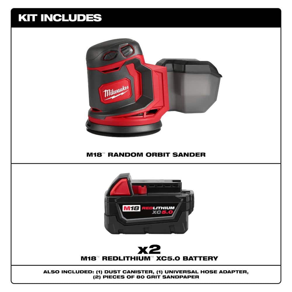 Milwaukee M18 18V Lithium-Ion Cordless 5 in. Random Orbit Sander with Two 3.0 Ah Batteries