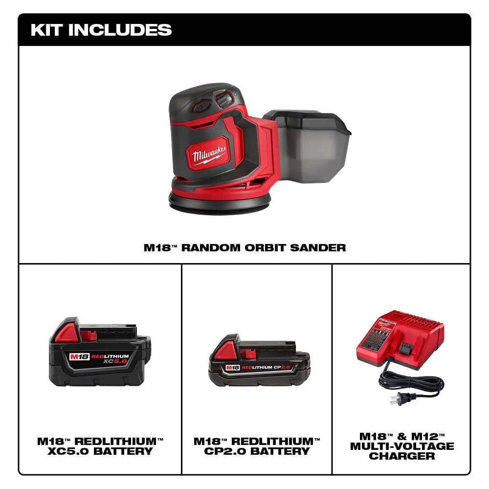 Milwaukee M18 18V Lithium-Ion Cordless 5 in. Random Orbit Sander with 2.0 Ah Compact Battery