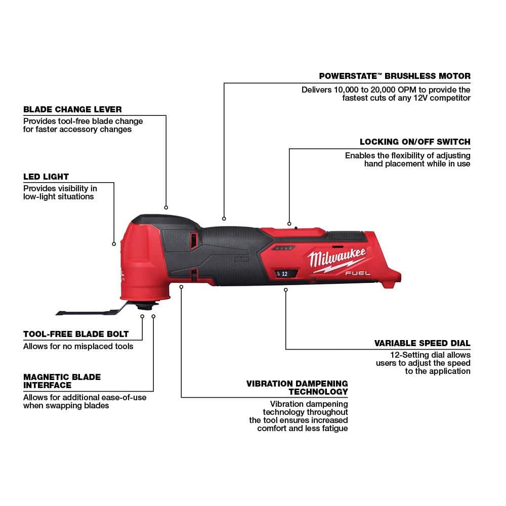 Milwaukee M12 FUEL 12V Lithium‑Ion Cordless Oscillating Multi‑Tool (Tool‑Only) + 8‑Piece Blade/Sanding Set