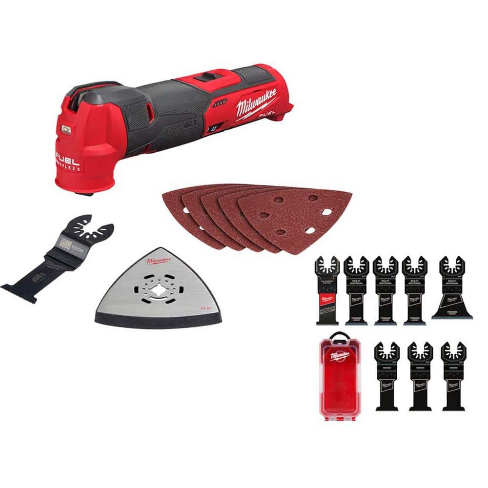 Milwaukee M12 FUEL 12V Lithium-Ion Cordless Oscillating Multi-Tool (Tool-Only) with Oscillating Multi-Tool Blade Set (8-Piece)