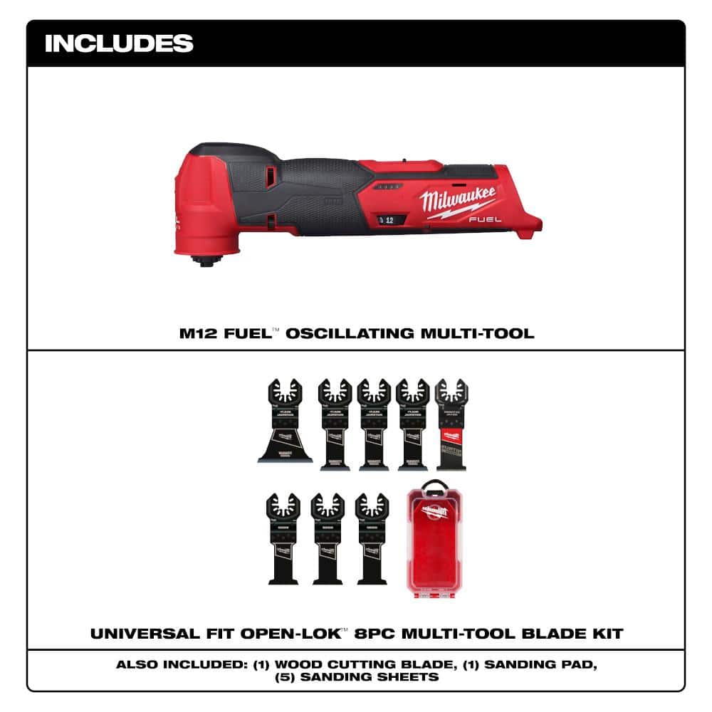 Milwaukee M12 FUEL 12V Lithium-Ion Cordless Oscillating Multi-Tool (Tool-Only) with Oscillating Multi-Tool Blade Set (8-Piece)