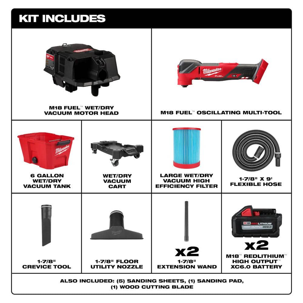 Milwaukee M18 FUEL 18V Lithium-Ion Cordless Brushless Oscillating Multi-Tool with Wet/Dry Shop Vac and (2) High Output 6.0Ah Batteries