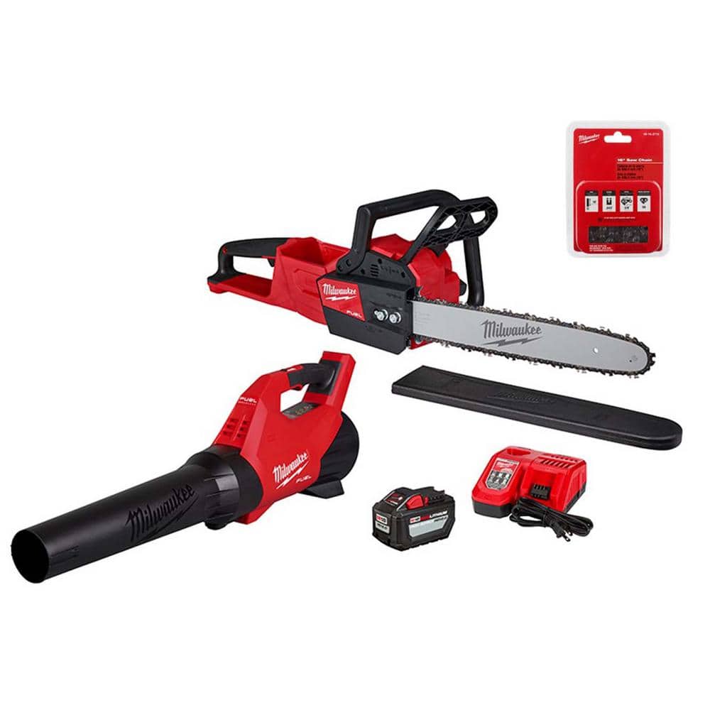 Milwaukee M18 FUEL 16 in. 18-Volt Brushless Cordless Electric Chainsaw w/M18 Blower 12.0 Ah & Extra Chain Combo Kit (2-Tool)