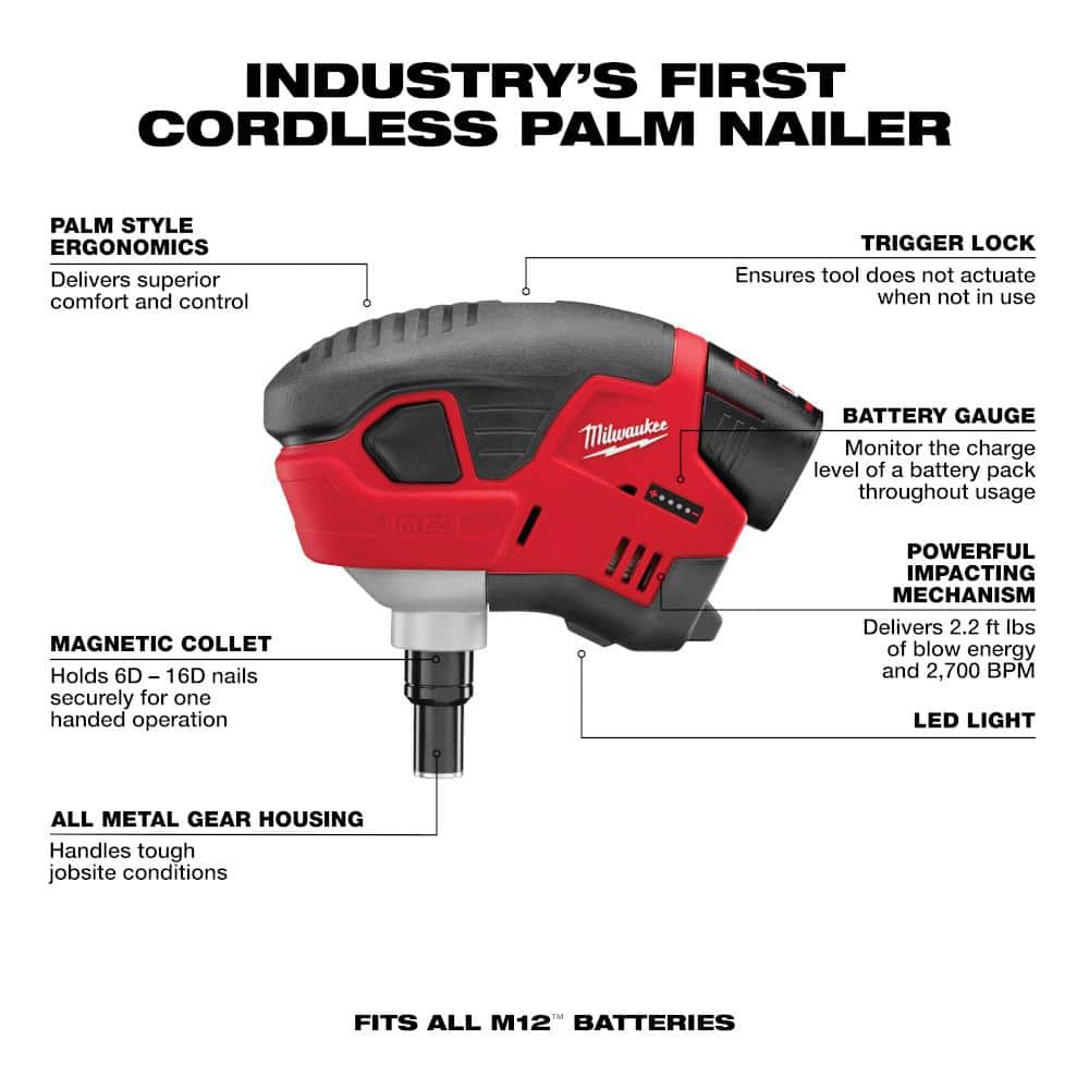 Milwaukee M12 Cordless Palm Nailer Kit with One 1.5Ah Battery, Charger with M18 FUEL 3-1/2 in. 18-Volt 21-Degree Framing Nailer