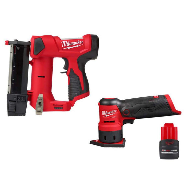 Milwaukee M12 23GA Pin Nailer with M12 FUEL Orbital Detail Sander and M12 High Output CP2.5Ah Battery, 12V