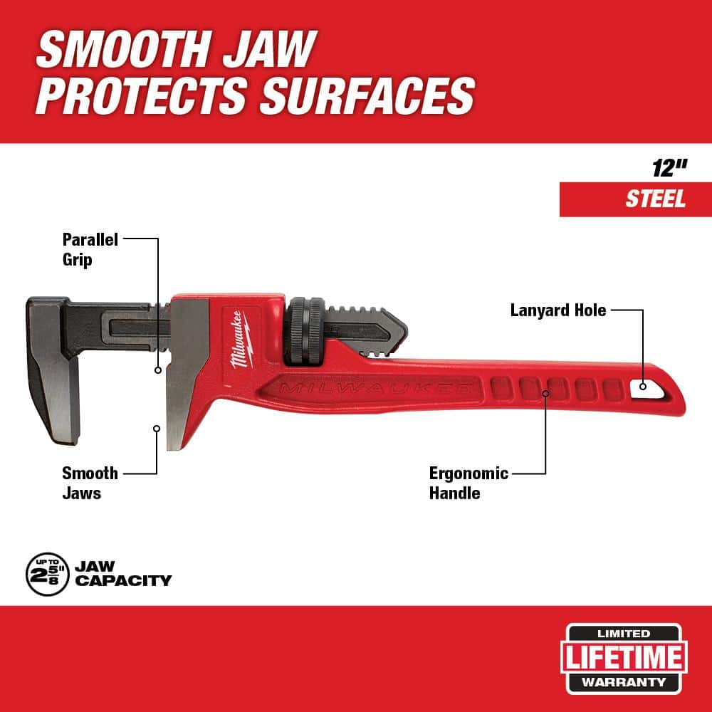 Milwaukee 12 in. Smooth Jaw Pipe Wrench, Steel, 2-5/8 in. Capacity (Model 48-22-7186)