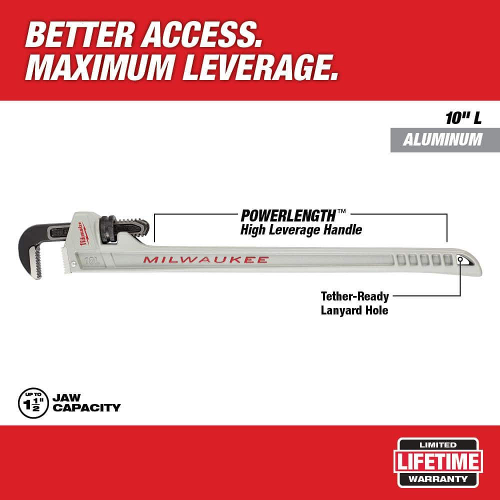 Milwaukee 10 in. Aluminum Pipe Wrench with POWERLENGTH Handle, 1-1/2 in. Jaw Capacity