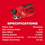 Milwaukee M12 12V Lithium-Ion Brushless Cordless 2 in. Planer with M12 Multi-Tool