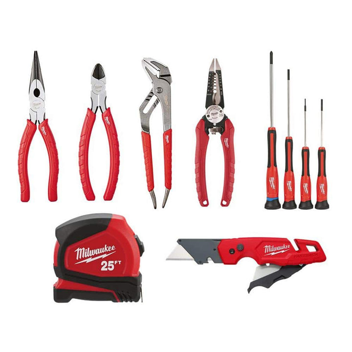 Milwaukee Pliers Kit with Screwdriver Set, 25 ft. Compact Tape Measure and FASTBACK Folding Utility Knife (10-Piece)