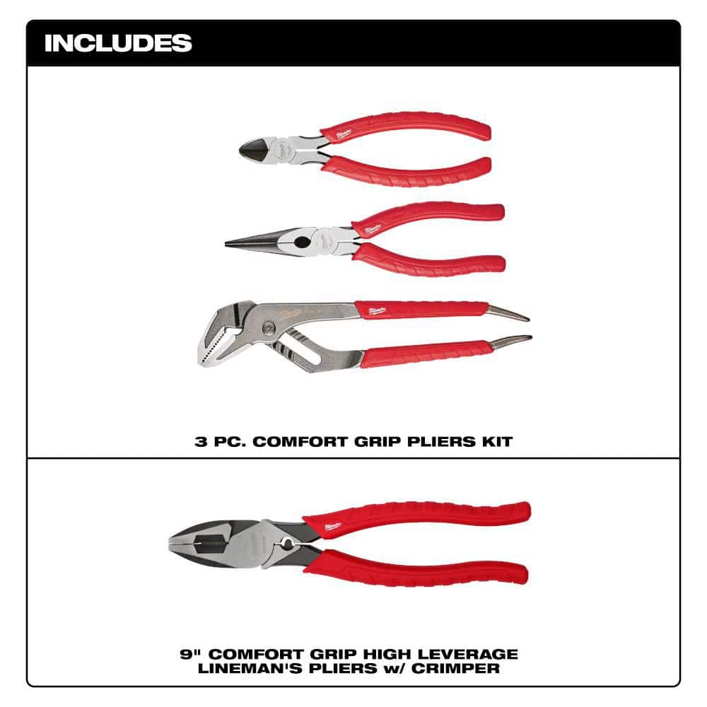 Milwaukee Pliers Kit, 4-Piece Set with Lineman’s, Long Nose, Diagonal, and REAM & PUNCH Straight Jaw