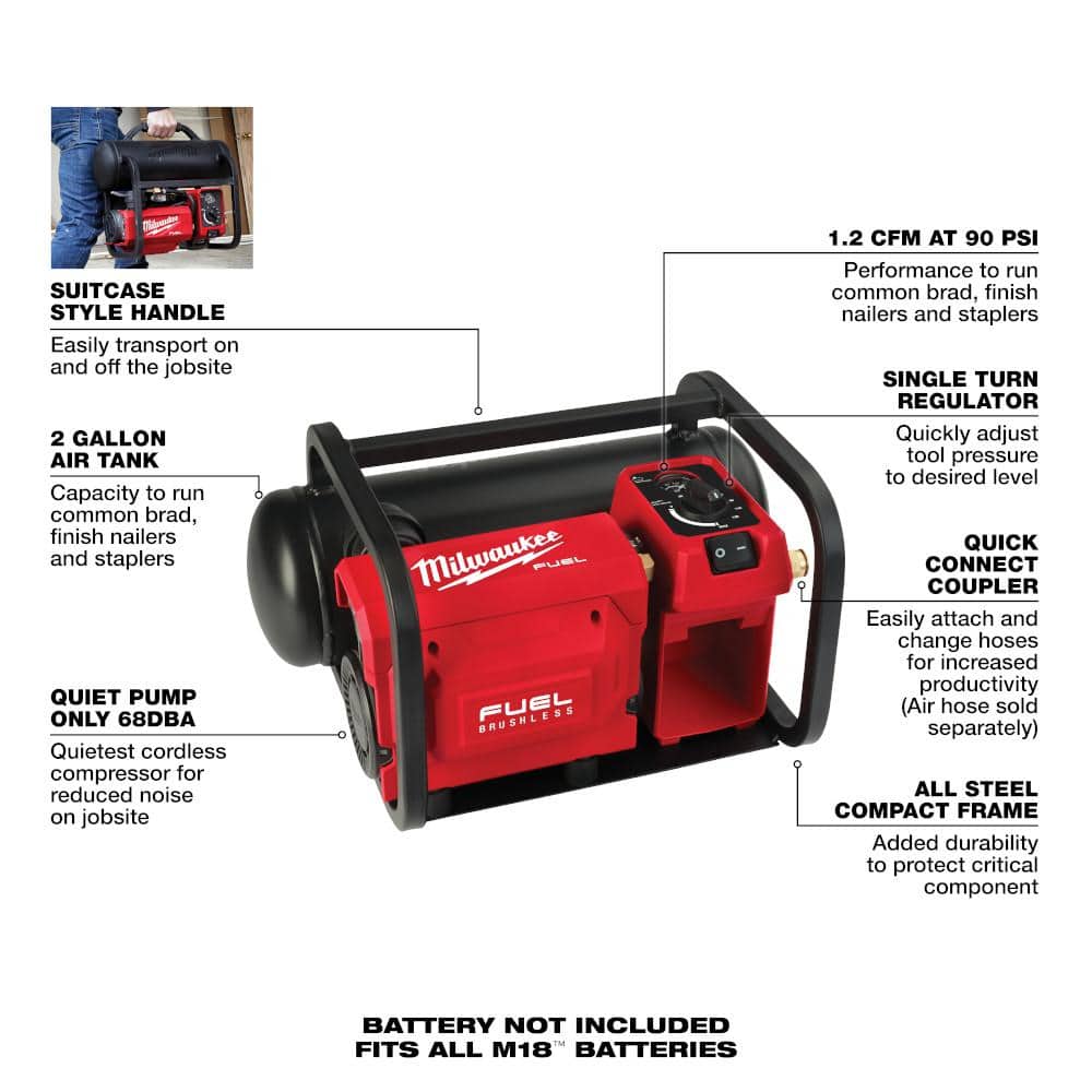 Milwaukee M18 FUEL 18-Volt Brushless 2 Gallon Compact Quiet Compressor + Performance Safety Glasses w/ Gasket (Tool-Only)