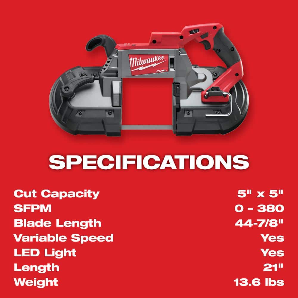 Milwaukee M18 FUEL 18V Lithium‑Ion Brushless Cordless Deep Cut Band Saw Kit, 5 in x 5 in Capacity, with Two 5.0Ah Batteries, Charger & Hard Case (2729-22)
