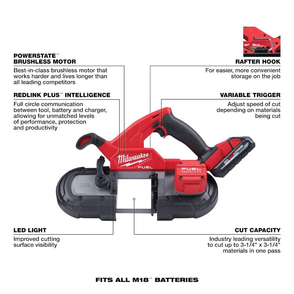 Milwaukee M18 FUEL 18V Brushless Cordless Compact Band Saw Kit with M18 FUEL Grinder, 3-1/4 in Capacity (Model 2829-22-2888-20)