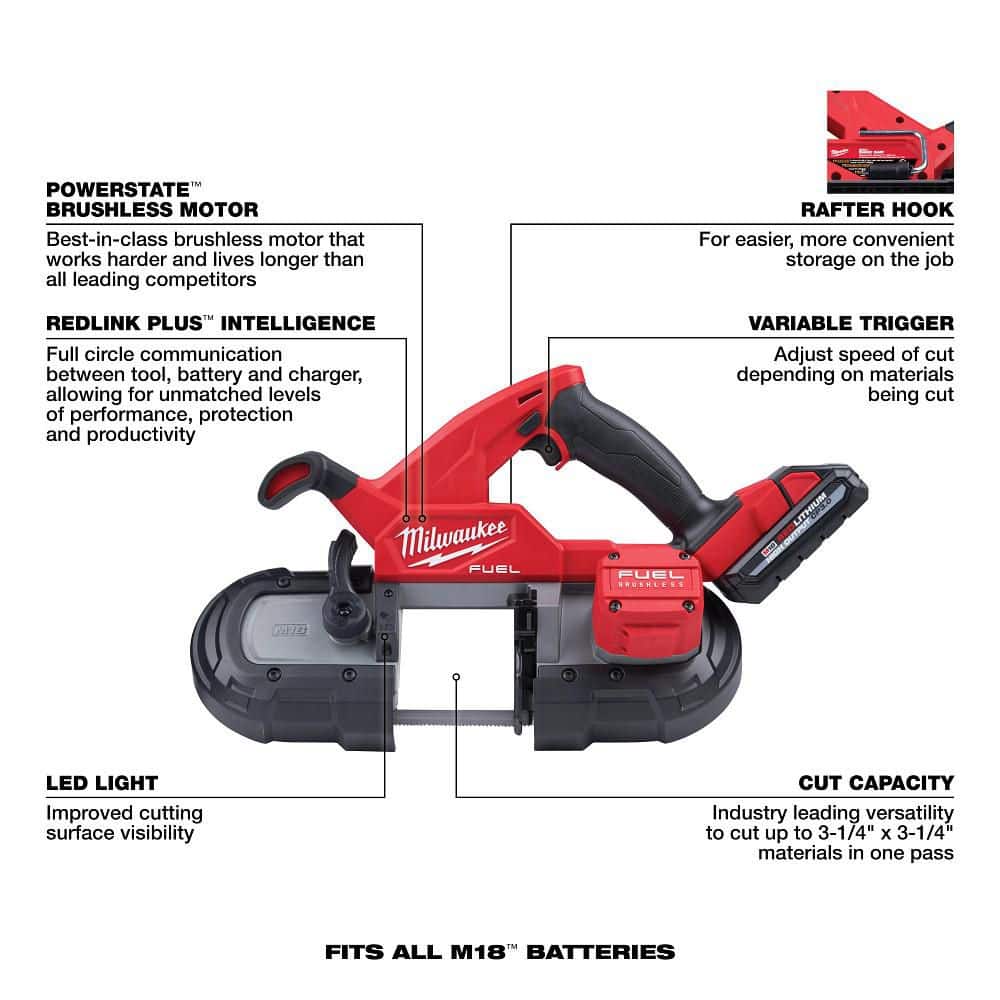 Milwaukee M18 FUEL 18V Lithium-Ion Brushless Cordless Compact Band Saw Kit (2829-22) with Two HIGH OUTPUT CP3.0 Batteries, 35-3/8 in Blade, 3-1/4 x 3-1/4 in Capacity