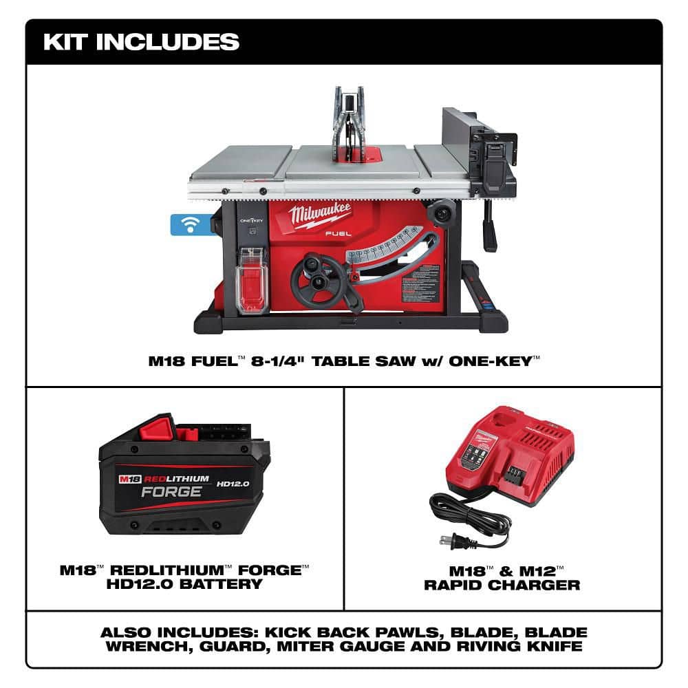 Milwaukee M18 FUEL ONE-KEY 18-Volt Lithium-Ion Brushless Cordless 8-1/4 in. Portable Table Saw Kit with (1) 12.0Ah Battery and Rapid Charger