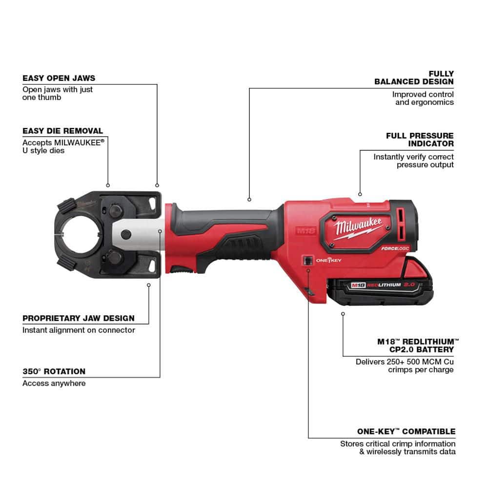 Milwaukee M18 18V Lithium-Ion Cordless FORCE LOGIC 600 MCM Crimper Kit with (2) 2.0Ah Batteries, Charger & Hard Case