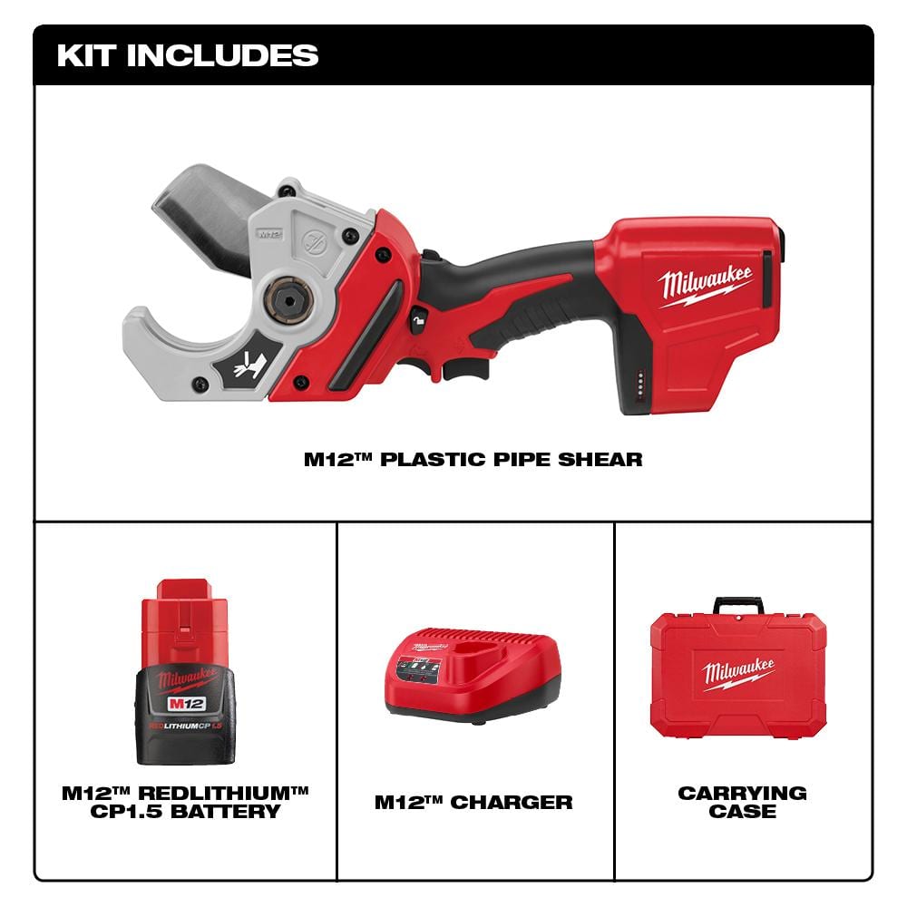 Milwaukee M12 12-Volt Cordless PVC Shear Kit with 1.5Ah Battery, Charger, Hard Case & M12 3/8 in. Ratchet (Model 2470-21-2457-20)