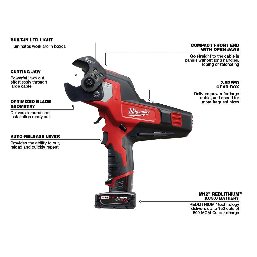 Milwaukee M12 12V Lithium-Ion Cordless 600 MCM Cable Cutter Kit with M12 3/8 in. Ratchet (Tool-Only)
