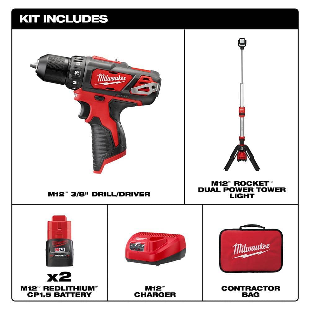 Milwaukee M12 12V Lithium-Ion Cordless 3/8 in. Drill/Driver Kit w/M12 1400 Lumen ROCKET LED Stand Work Light