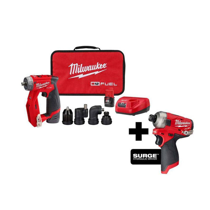 Milwaukee M12 FUEL 12-Volt Brushless Cordless 4-in-1 Installation 3/8 in. Drill Driver & SURGE Impact Driver Combo Kit
