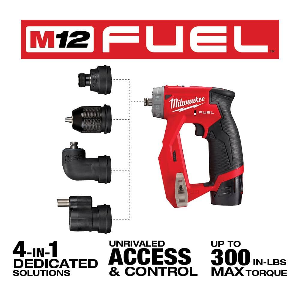 Milwaukee M12 FUEL 12V Li‑Ion Brushless Cordless 4‑in‑1 Installation 3/8 in. Drill/Driver Kit with 4 Heads + PACKOUT Bit Set (60‑Pc)