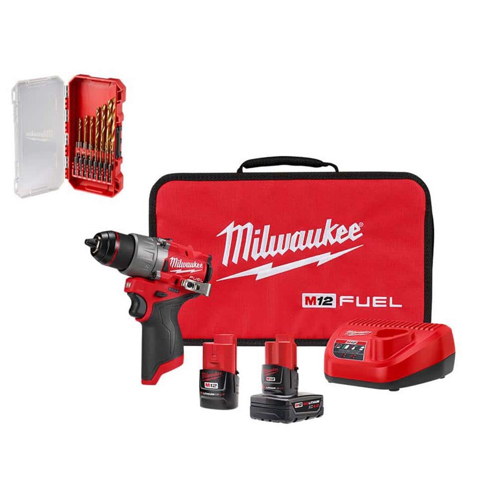 Milwaukee M12 FUEL 12-Volt Cordless Lithium-Ion Brushless 1/2 in. Drill Driver Kit with SHOCKWAVE Titanium Drill Bit Set