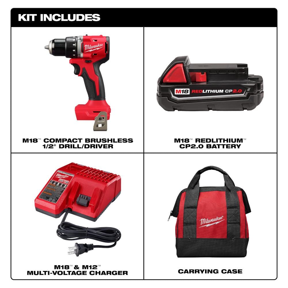 Milwaukee M18 18V Lithium‑Ion Brushless Cordless Compact 1/2 in. Drill/Driver Kit with 2.0Ah Battery, Charger & 25‑Piece Bit Set