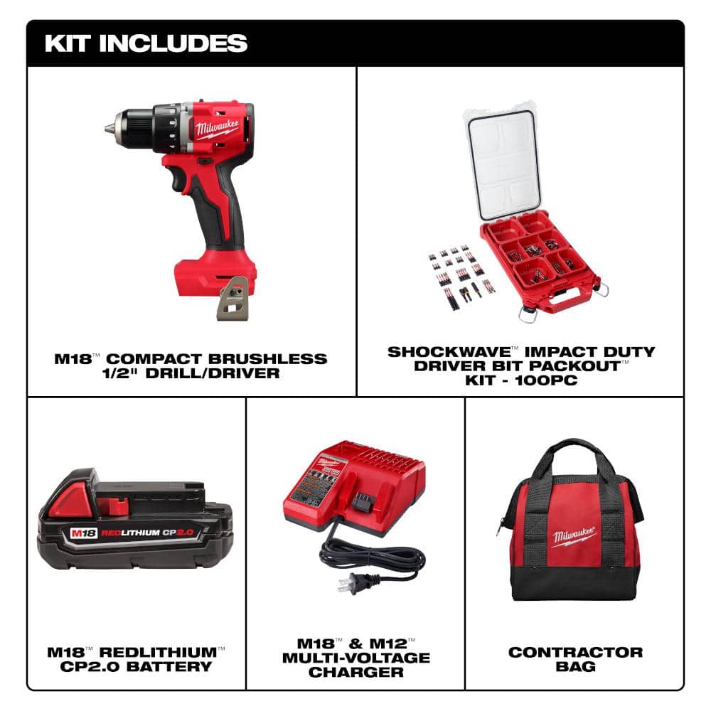 Milwaukee M18 18V Lithium-Ion Brushless Cordless 1/2 in. Compact Drill/Driver Kit with 2.0Ah Battery, Charger & 100-Piece Bit Set