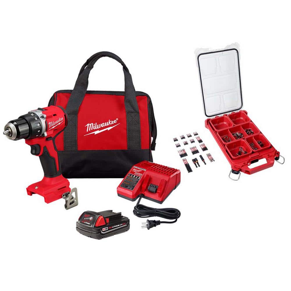 Milwaukee M18 18V Lithium-Ion Brushless Cordless 1/2 in. Compact Drill/Driver Kit with 2.0Ah Battery, Charger & 100-Piece Bit Set