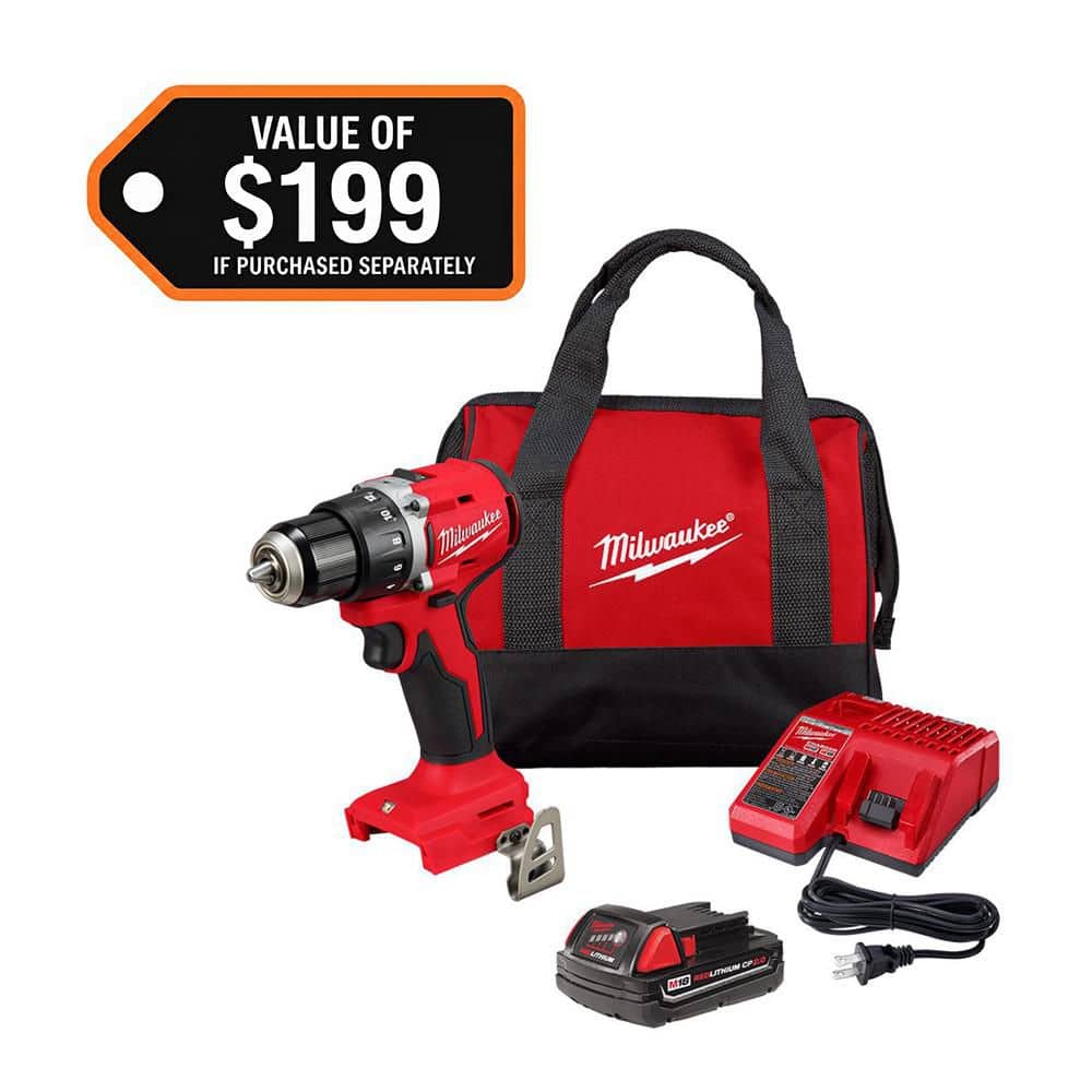 Milwaukee M18 18V Lithium‑Ion Brushless Cordless Compact 1/2 in. Drill/Driver Kit with 2.0Ah Battery, Charger & 25‑Piece Bit Set