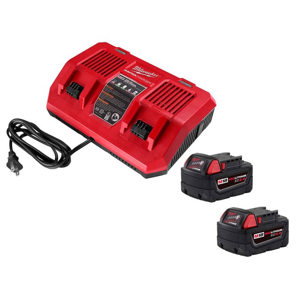 Milwaukee M18 18-Volt Lithium-Ion Dual Bay Rapid Battery Charger with (2) M18 XC 5.0Ah Batteries